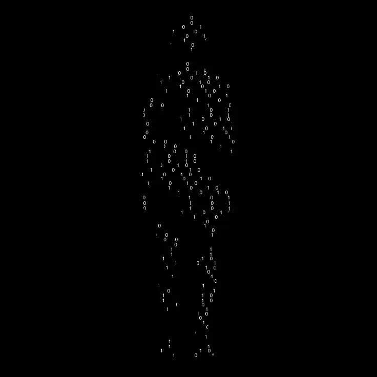 Silhouette humaine composée de code binaire en blanc sur fond noir