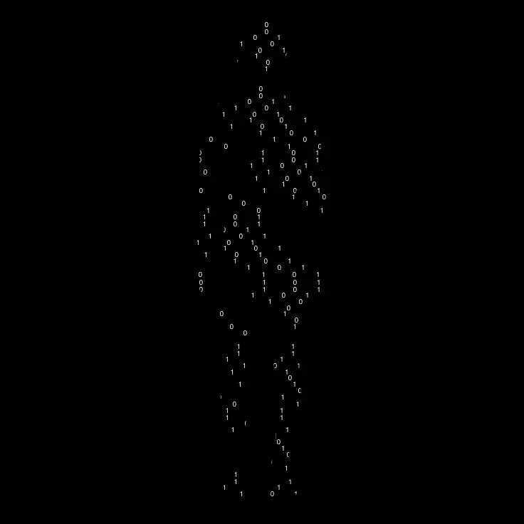 Silhouette humaine composée de code binaire en blanc sur fond noir