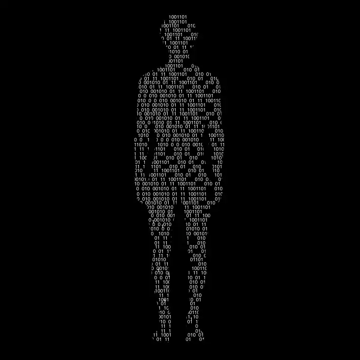 Silhouette humaine composée de code binaire en blanc sur fond noir
