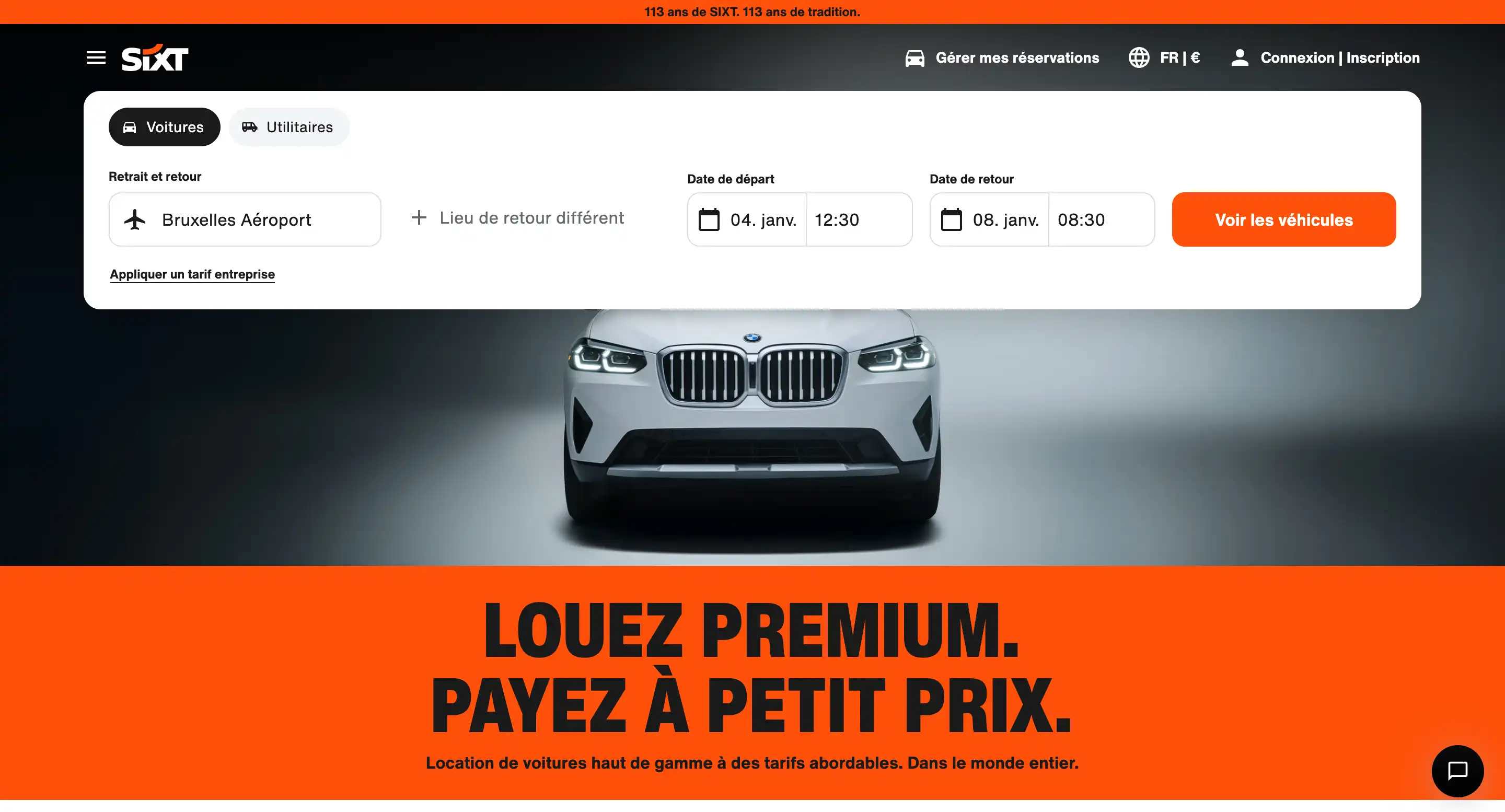 Capture d'écran de la page d'accueil de sixt.be